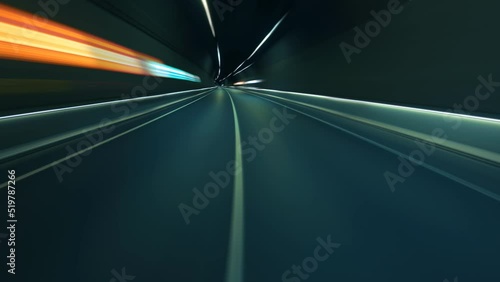 Light trail in tunnel. Driving through tunnel, fish-eye, time-lapse, motion blur