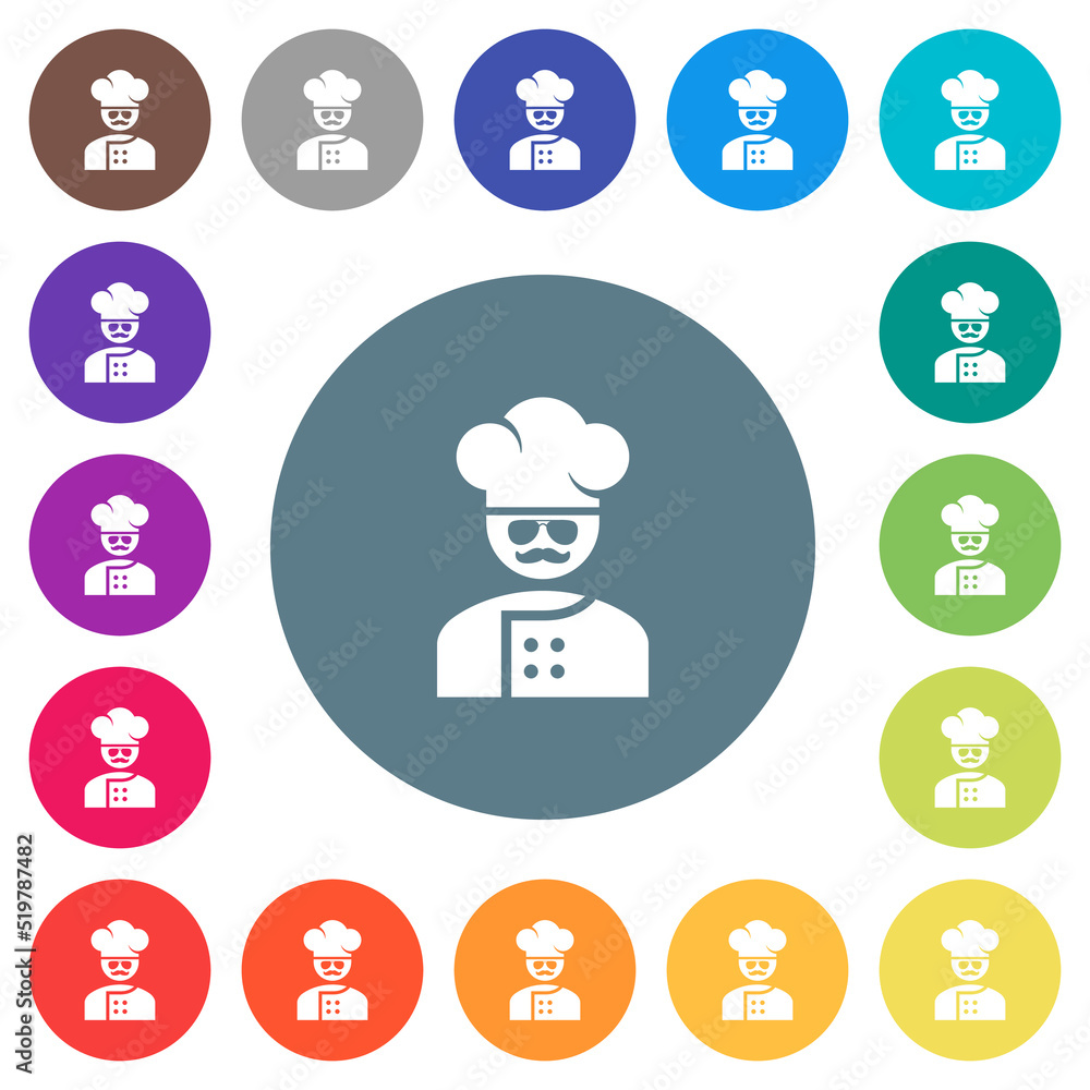 master chef with glasses and mustache flat white icons on round color backgrounds master chef with glasses and mustache flat white icons on round color backgrounds