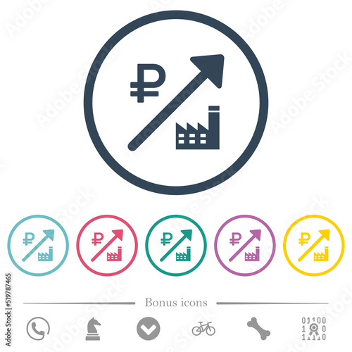 Rising power plant russian Ruble prices flat color icons in round outlines