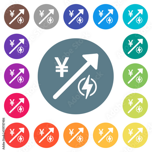 Rising electricity energy japanese Yen prices flat white icons on round color backgrounds