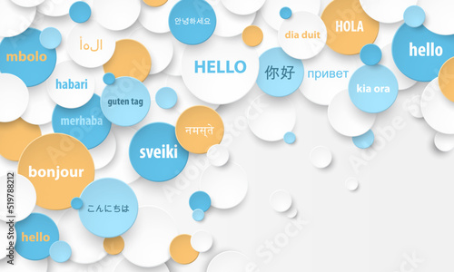 Colorful HELLO vector concept with translations into various languages on white background