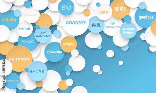 Colorful GOODBYE vector concept with translations into various languages on dark blue background