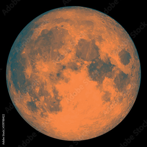 Full moon vector illustration isolated on black background. Blue with orange realistic fantasy moon. Twenty five colors.