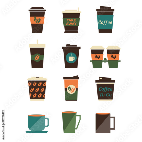 Cup coffee icon set in retro color. Collection icon coffee to go. Different types coffee cup isolated on white background. Coffee drink logo for menu cafeteria, pub, restaurant. Vector illustration
