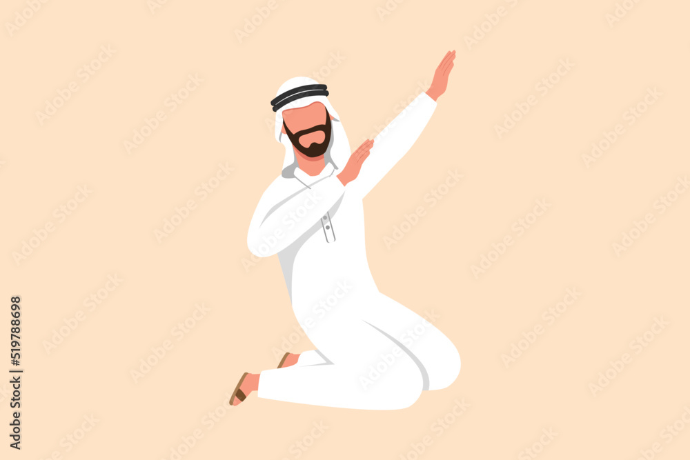 Business flat drawing happy Arab businessman kneeling with celebrating goal pose. Worker celebrate success of increasing company product sales. Business achievement. Cartoon design vector illustration