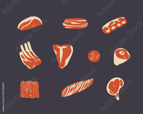 Cuts of beef, meat vector icons, steaks and ribs, ground beef and filet mignon