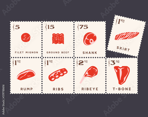 Beef cuts, meat icons in post stamps style, steaks and ribs, ground beef and filet mignon
