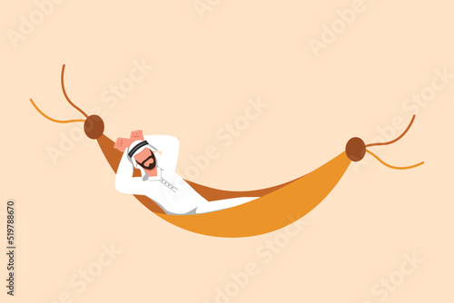 Business design drawing Arabian businessman lying in hammock and dreaming about big money. Comfort, vacation, resting and recreation. Achieve financial freedom. Flat cartoon style vector illustration