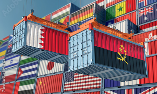 Cargo containers with Angola and Bahrain national flags. 3D Rendering