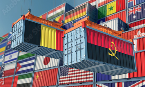 Cargo containers with Angola and Belgium national flags. 3D Rendering