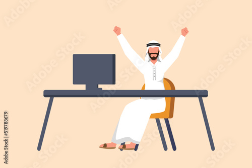 Business flat cartoon style drawing happy Arabian businessman sitting with raised hands near desk with computer. Office worker celebrate success of company project. Graphic design vector illustration