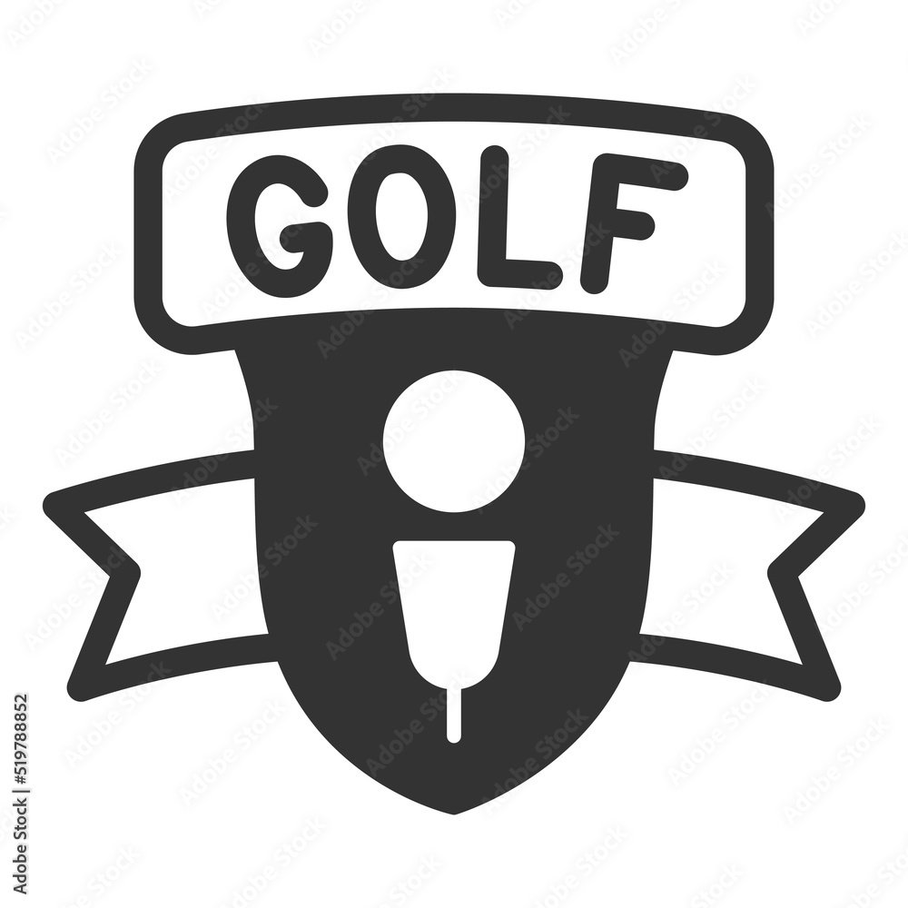 Emblem - ball on a stand, inscription golf - icon, illustration on a white background, glyph style Emblem - ball on a stand, inscription golf - icon, illustration on a white background, glyph style