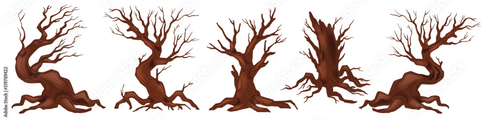 Dead tree vector set, spooky autumn bark, dry naked branch silhouette, scary halloween forest. Winter graveyard oak wood kit, leafless trunk clipart on white, bare roots. Dead tree environment icon