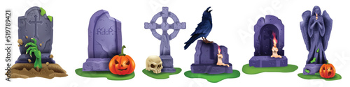 Halloween tombstone vector set, creepy gravestone cross, spooky cemetery grave, zombie hand crow. Angel statue, evil pumpkin, candle, ancient graveyard monument collection. Mystery Halloween tombstone