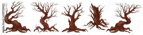 Dead tree vector set, spooky autumn bark, dry naked branch silhouette, scary halloween forest. Winter graveyard oak wood kit, leafless trunk clipart on white, bare roots. Dead tree environment icon