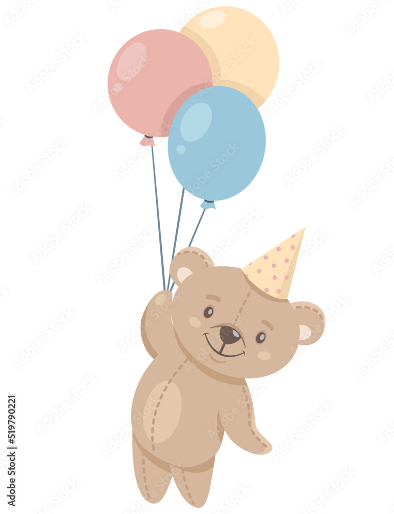 Children's vector illustration. Cute bear cub flying on balloons. Little bear flying in the sky