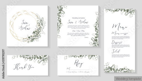 Vector set for wedding invitations. Eucalyptus and plants, polygonal gold frame. Invitation card, thank you, rsvp, menu