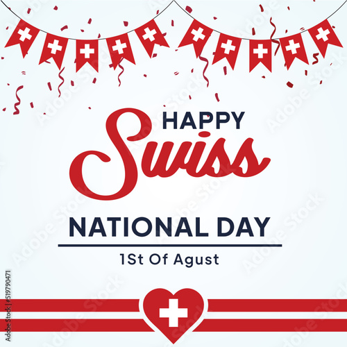 Swiss national day poster design. Swiss independence day holiday. Swiss national flag hanging, white cross on red, holiday celebration August 1st. Swiss National Day