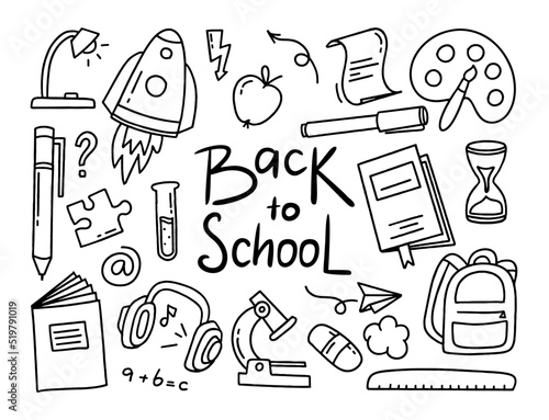 Back to school doodle set of elements. Vector illustration in line style.