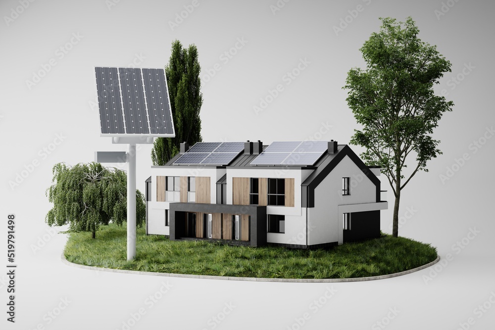 Solar panels, green energy for home, white background, 3d illustration.
Solar panels, green energy for home, white background, 3d illustration.