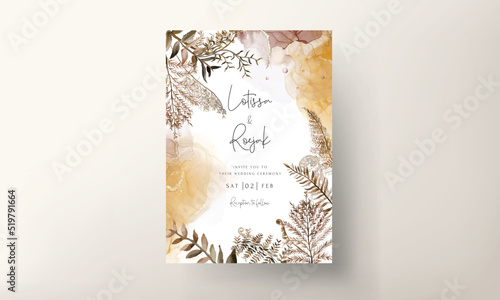 wedding invitation card template with watercolor brown leaves