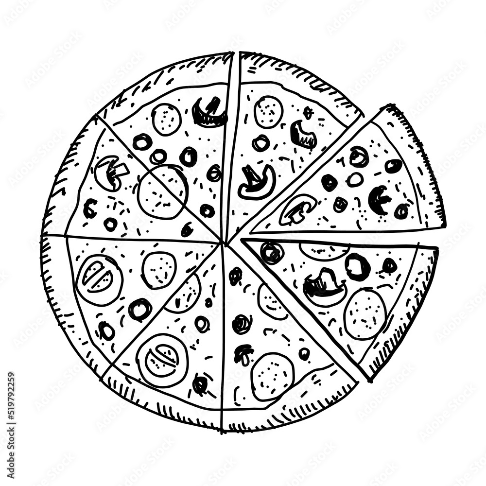 Pizza. vector illustration. Sketch style. top view. Design template. Engraved style illustration. Great for menu, poster or label. Vector. Pizza. vector illustration. Sketch style. top view. Design template. Engraved style illustration. Great for menu, poster or label. Vector.
