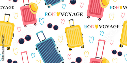 Seamless Pattern with Suitcases and Travel accessories. Inscription Bon Voyage, hearts and sunglasses. Flat vector illustration. 