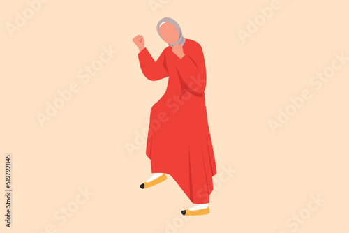 Business design drawing Arab businesswoman standing with fold one leg and yes gesture with both hands. Office worker celebrate success of company project goals. Flat cartoon style vector illustration