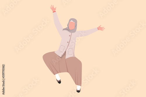 Business flat cartoon style drawing happy Arabian businesswoman jump with raised hand. Worker celebrates salary increase and benefits from company. Success business. Graphic design vector illustration