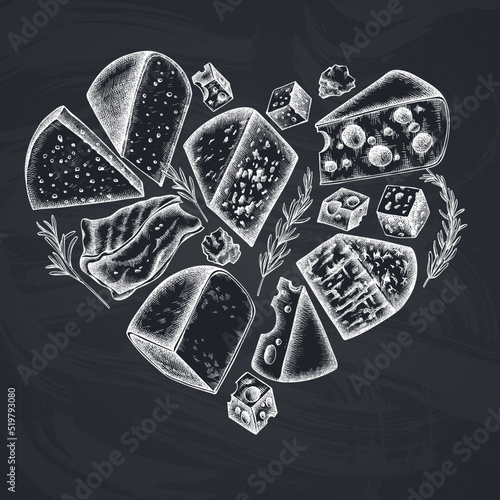 Cheese heart vintage design. Hand drawn brie, gouda cheese, roquefort, etc.