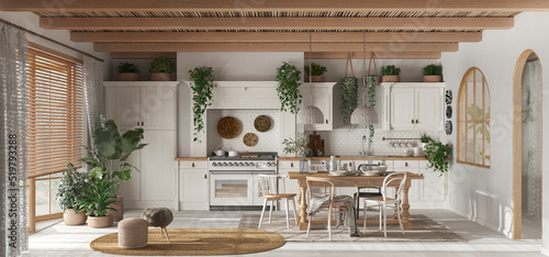 Panoramic view of contemporary wooden kitchen in white and beige tones. Dining table and appliances. Scandinavian boho interior design © ArchiVIZ