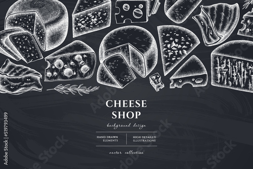 Cheese hand drawn illustration design. Background with chalk brie, gouda cheese, roquefort, etc.