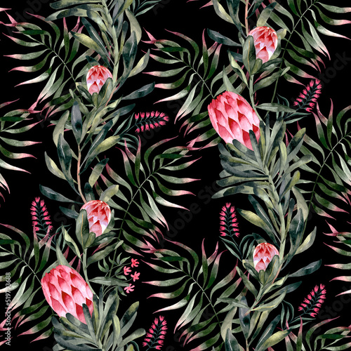 Seamless pattern with watercolor hand-painted exotic flowers of protea and leaves. It is well suited for designer wallpaper  fabric printing  wrapping paper  fabric  laptop covers  notebooks.