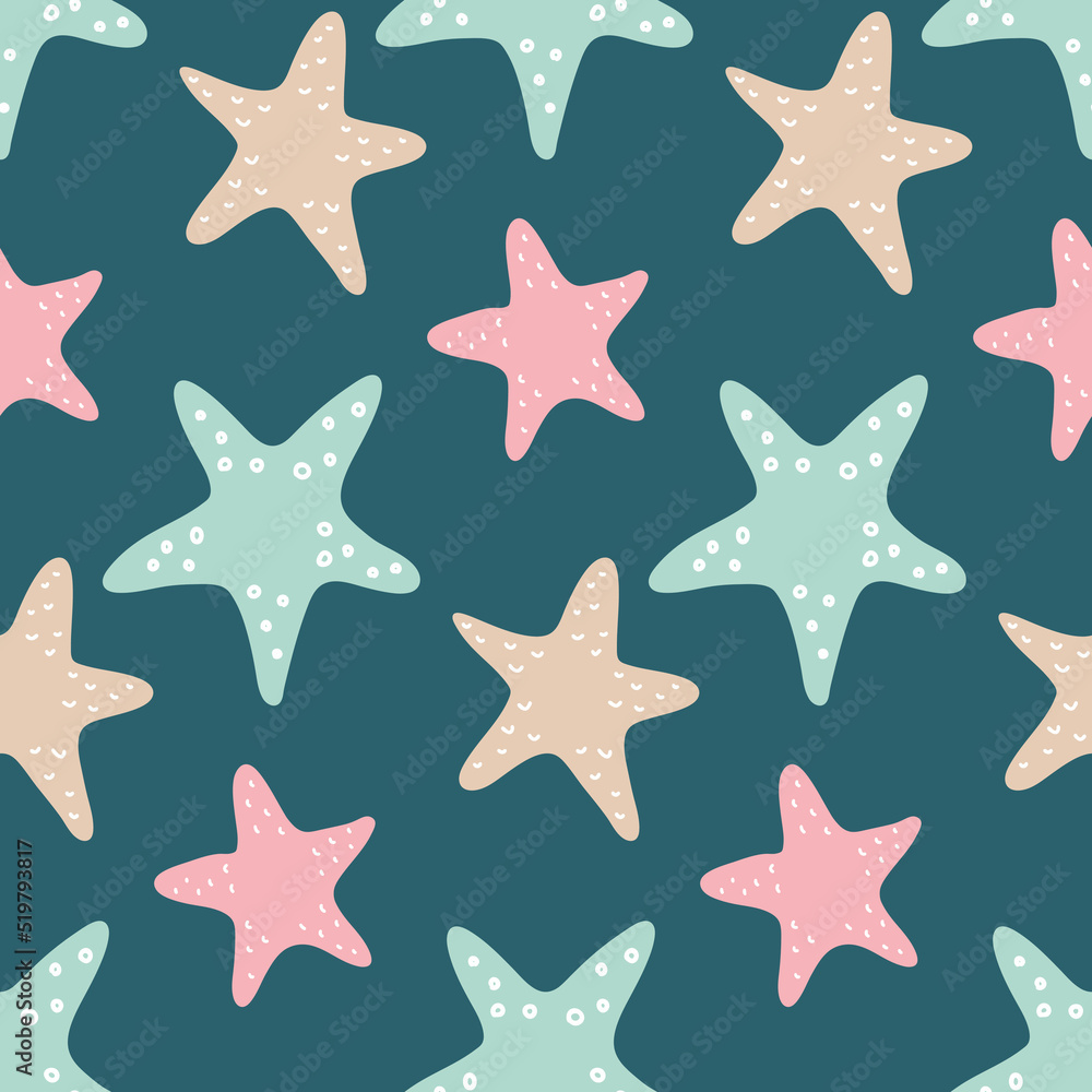 Pastel starfish on dark background seamless pattern for design vector illustration