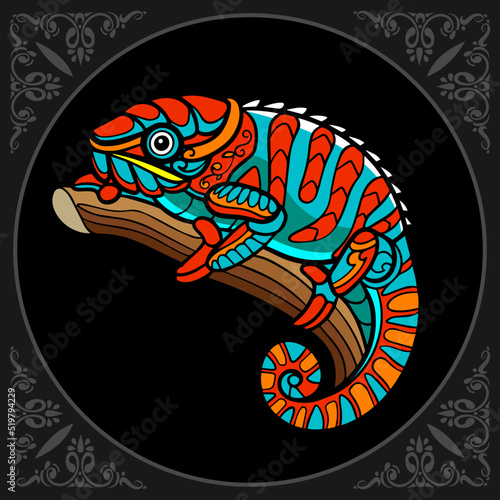 Colorful Chameleon zentangle arts isolated on black background