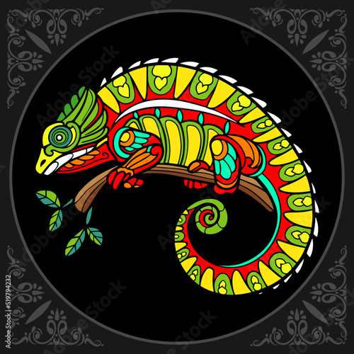 Colorful Chameleon zentangle arts isolated on black background