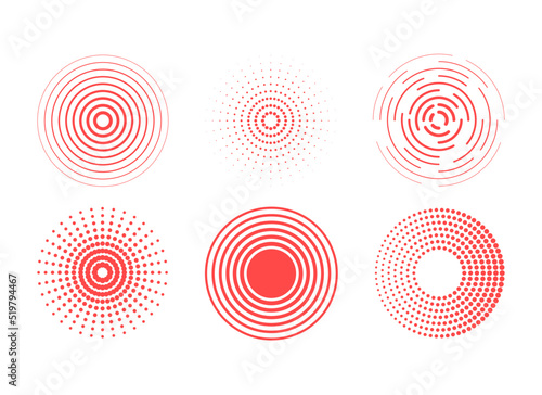 Identification process. Abstract background. Red rings sound wave and line with points in a circle. Sound wave wallpaper. Radio station signal. Circle spin vector set.