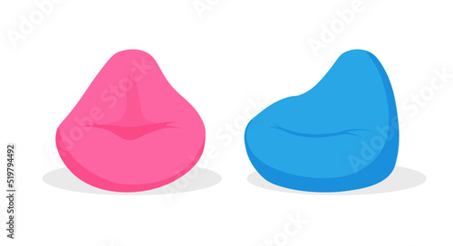 Blue and pink beanbag in trendy flat style. Pouf furniture icon. Soft chair in front and left view. Vector illustration isolated on white background.	
