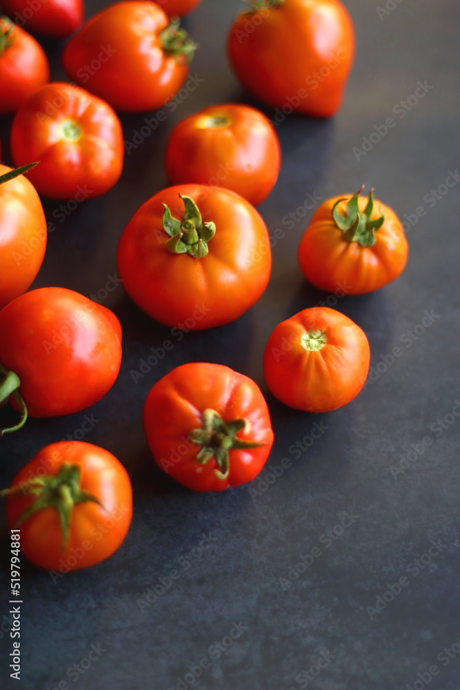 Fresh organic tomatoes, picked from the garden, on dark background. Selective focus. Fresh organic tomatoes, picked from the garden, on dark background. Selective focus.