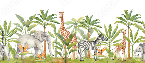 Beautiful tropical horizontal seamless pattern with hand-painted watercolor animals and palm trees. African animals: giraffe, elephant, zebra. Botanical art.