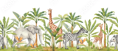 Panel kuchenny z motywem Beautiful tropical horizontal seamless pattern with hand-painted watercolor animals and palm trees. African animals: giraffe, elephant, zebra. Botanical art.
