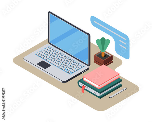 Vector isometric illustration, 3d workplace with laptop and books. Concept for online learning, education, communication