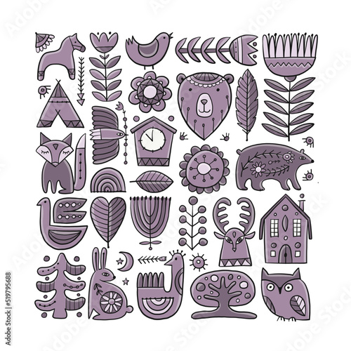 Card Design with Nordic Ornament. Forest Animals, Folk Background