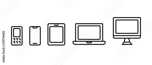 Device icons set. Smartphone, tablet, laptop, desktop, handphone, computer icon for web design. Vector illustration.