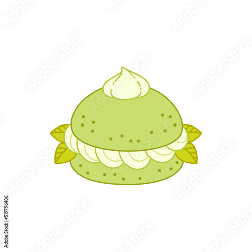 Oriental matcha green tea dessert. Flat cartoon illustration of a profiterole with cream isolated on a white background. Vector 10 EPS.