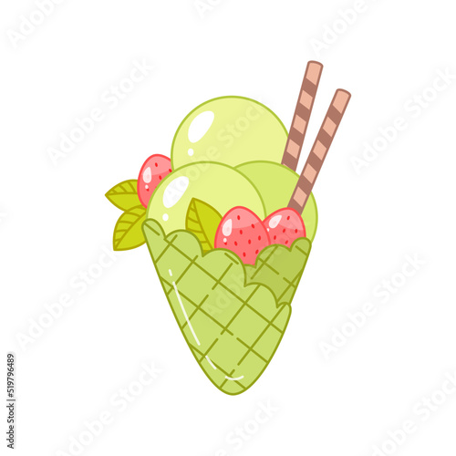 Oriental matcha green tea dessert. Flat cartoon illustration of a waffle cone with ice cream isolated on a white background. Vector 10 EPS.
