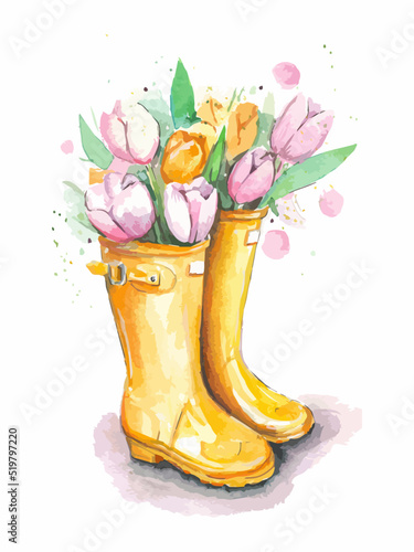 Hand drawn watercolor artwork. Bouquet of fresh Dutch tulips with buds and leaves in yellow high rubber boots. Beautiful spring flowers.