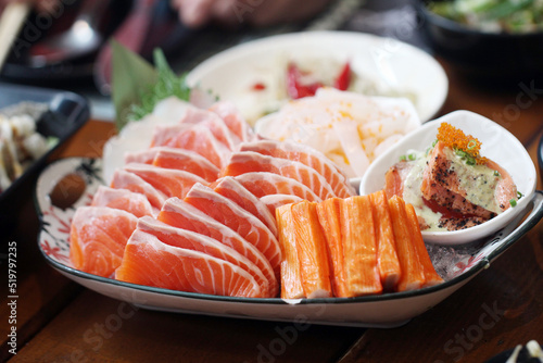 Set of salmon sashimi and crab sticks,japanese food style