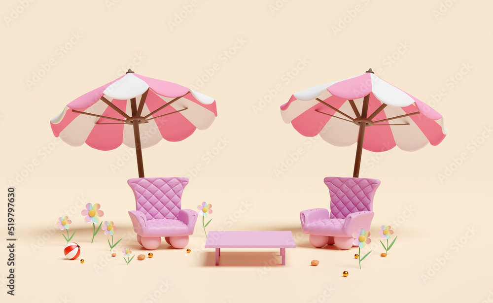 3d two sofa chair with pink umbrella or parasol, sofa chair, flower, coffee table isolated on cream color background. 3d render illustration