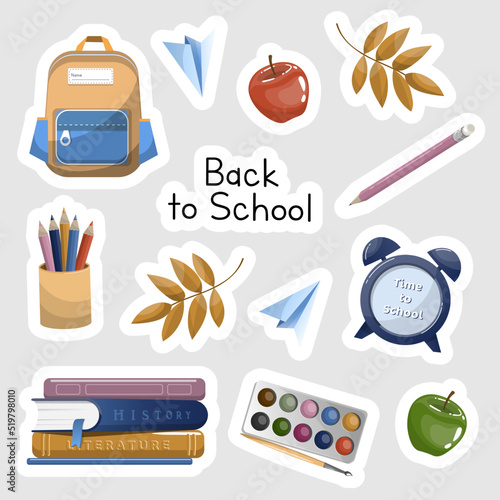 Back to School sticker set. School suplies.On white background.